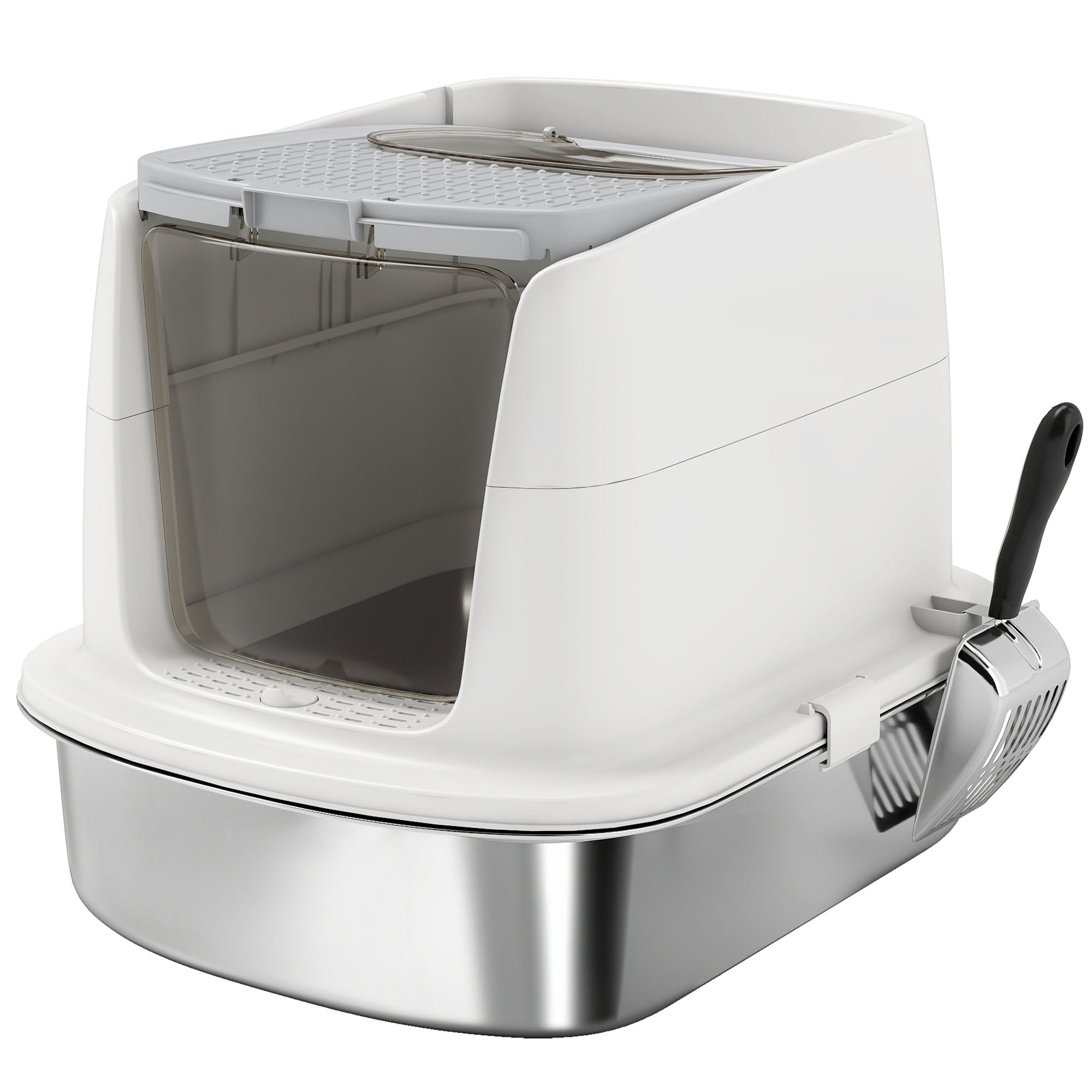 PawHut Large Stainless Steel Litter Box, Enclosed Metal Cat Litter Tray with Scoop, Deodoriser Bag, Front-Entry and Top-Exit